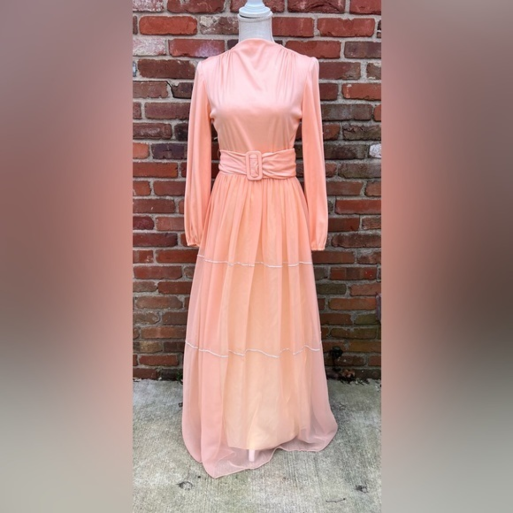 Vintage 70’s Bohemian chiffon evening gown Rhinestone balloon sleeve.